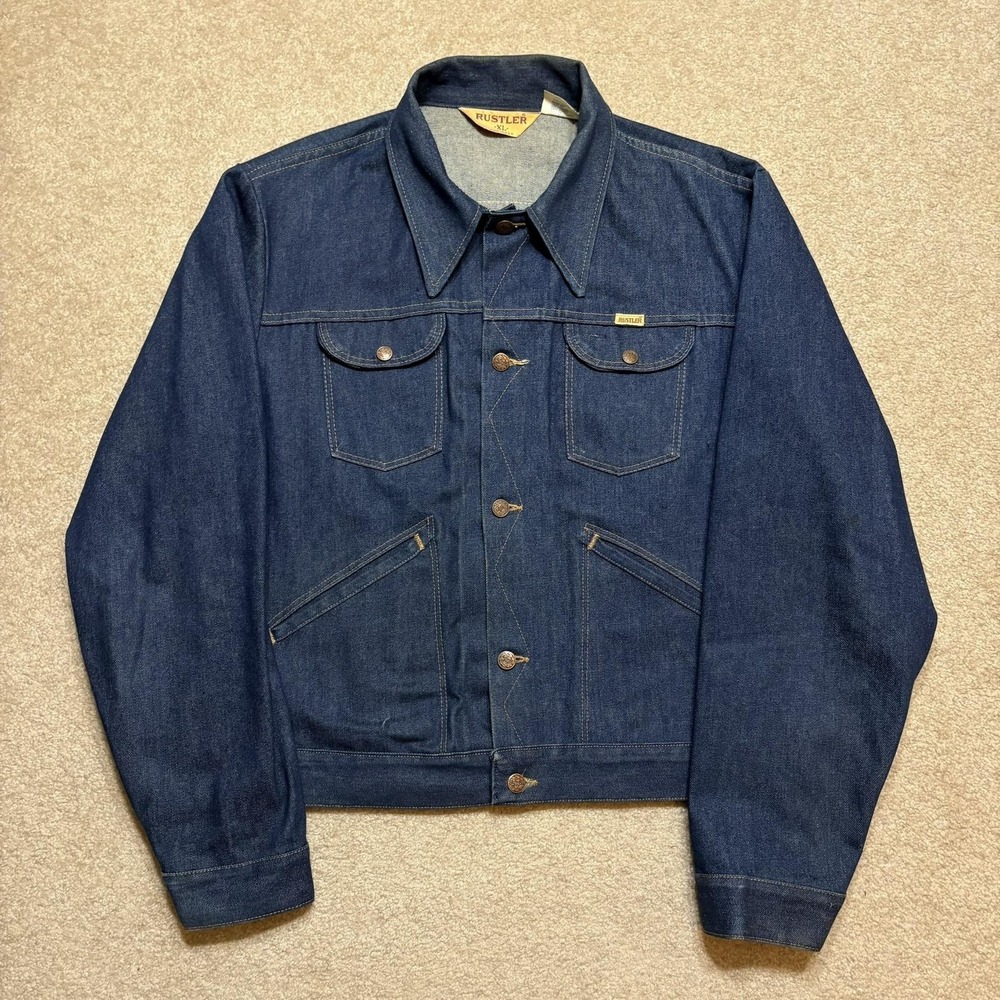 Vtg Rustler Denim Jacket Mens XL Dark Blue 100MJ Trucker Western Cowboy USA 70s